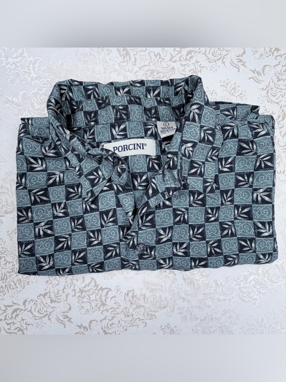 Porcini Silk Blend Shirt in Teal and Black, Large, Vacation, Soft, Lightweight